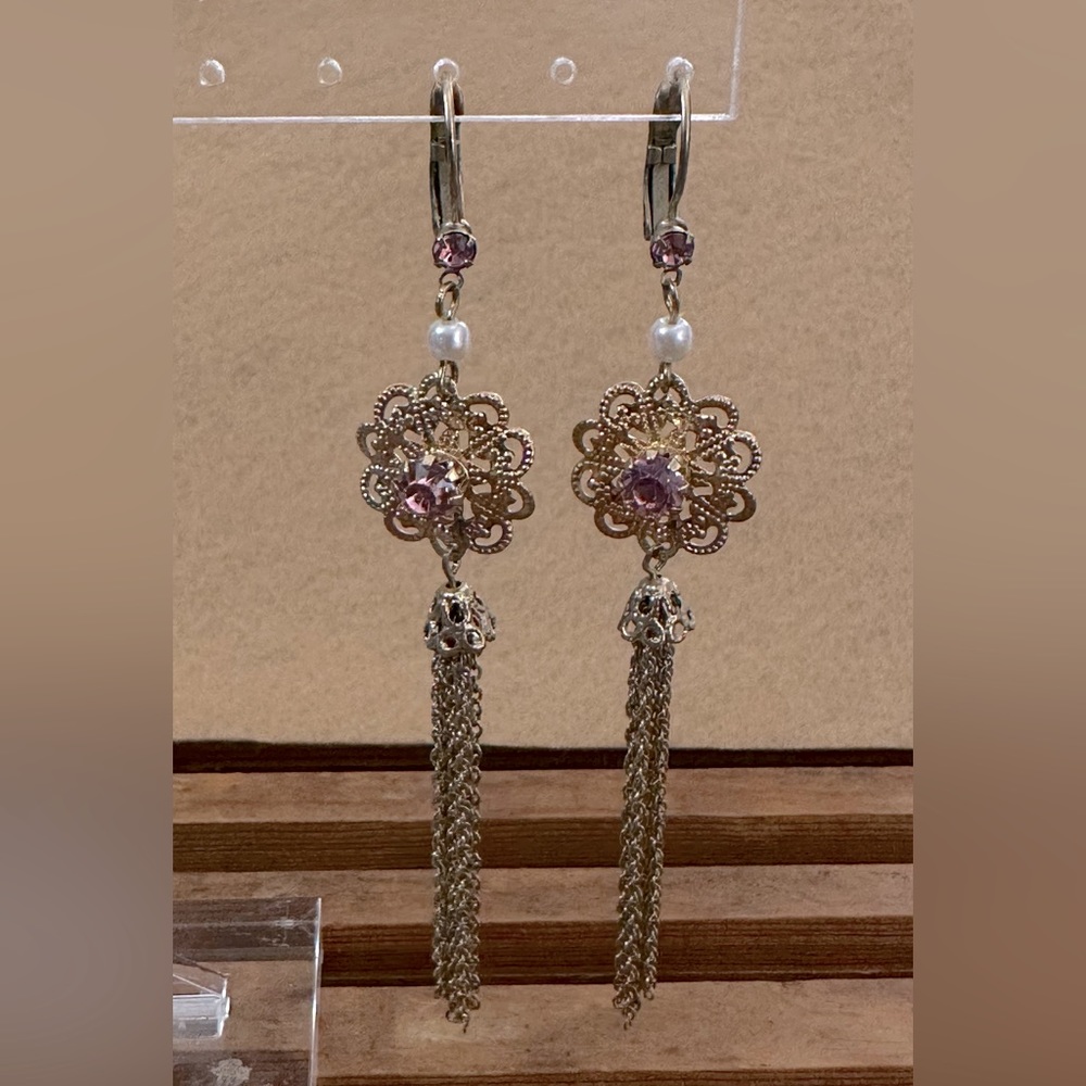 Filigree Earrings w/chains and Pink Stone